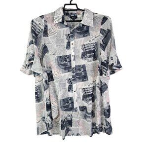 Womens WHY Dress Hi Lo Button Up Shirt Dress Sheer Newsprint Photos Polyester S